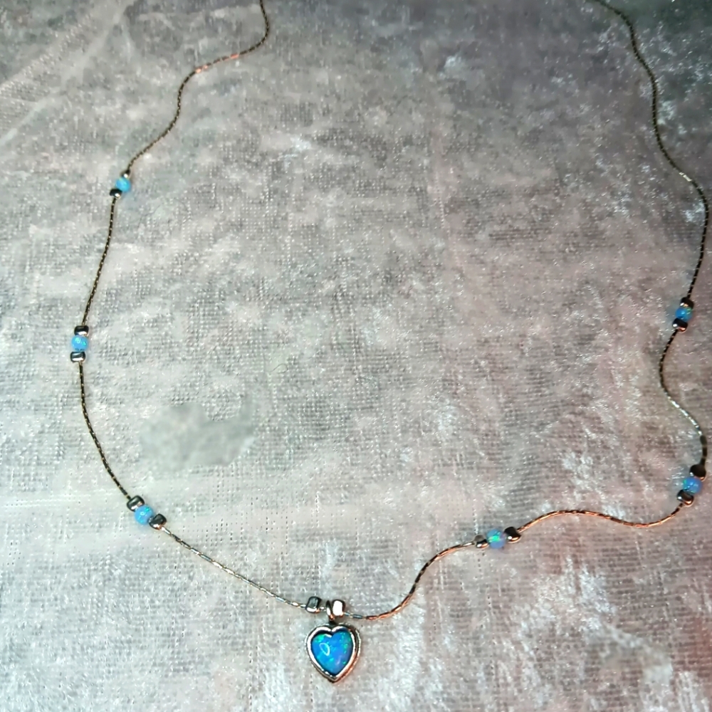 Delicate  Blue Fire Opal Heart Pendant Necklace 18"